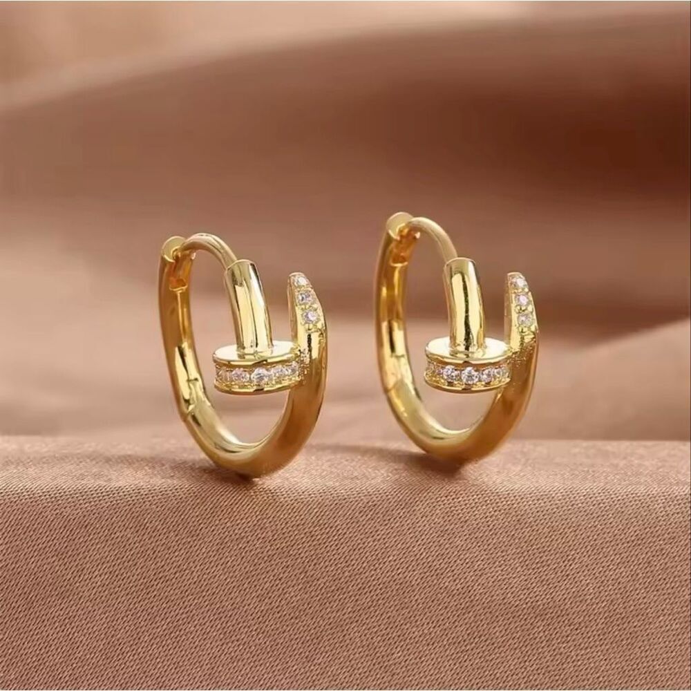 European Luxury Collection Gold Tone Nail Crystal Hoop Earrings Elegant Glamour